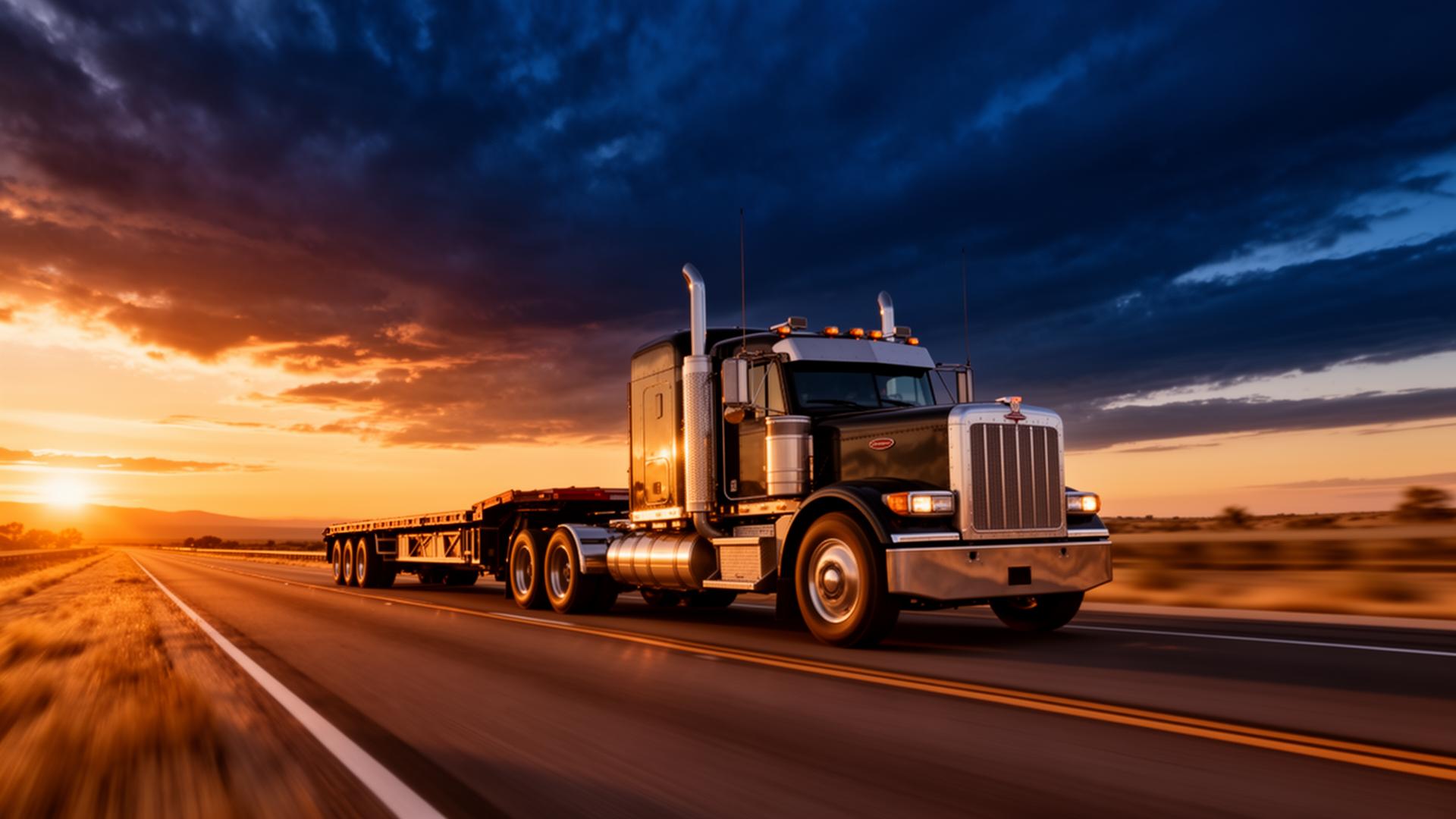 Semi truck hauling freight on a southern highway at dusk